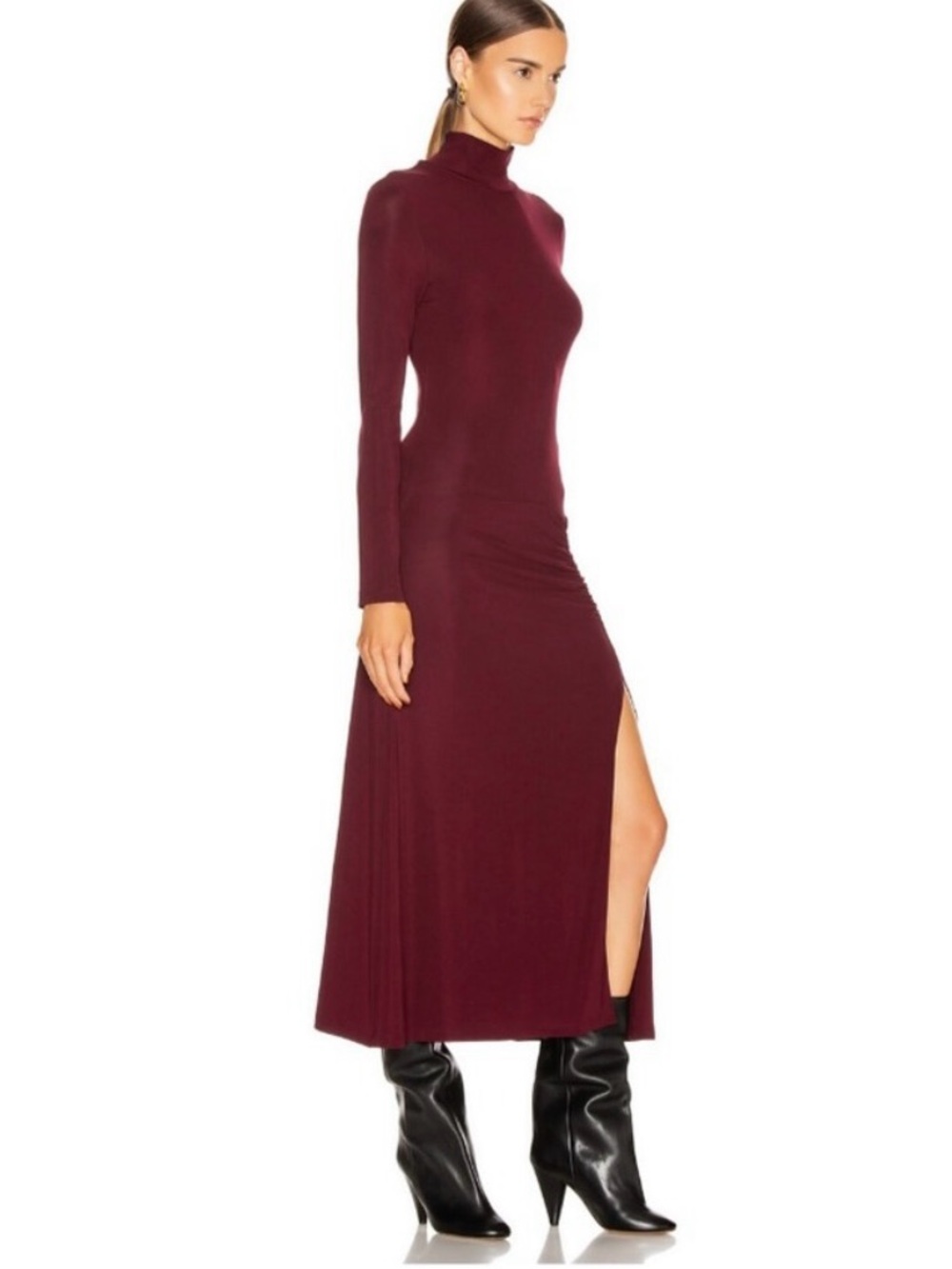 STAUD Burgundy Turtleneck Maxi Dress with Side Slit